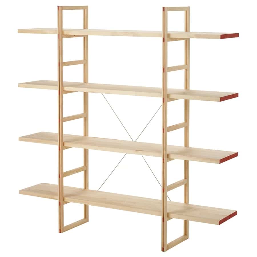 Wooden five-shelf storage unit with vertical supports and diagonal cross braces for stability, light natural wood finish