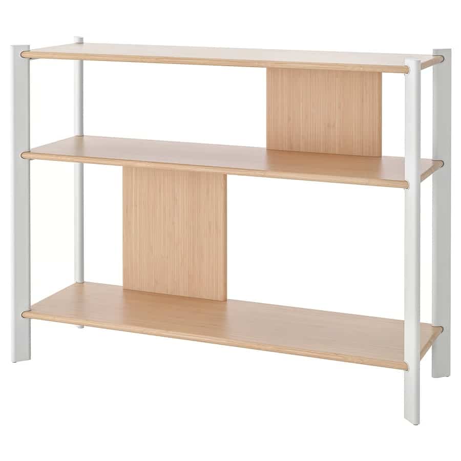 18 - IKEA Hackers Three-tier wooden shelf unit with a white metal frame and a vertical back divider for support.