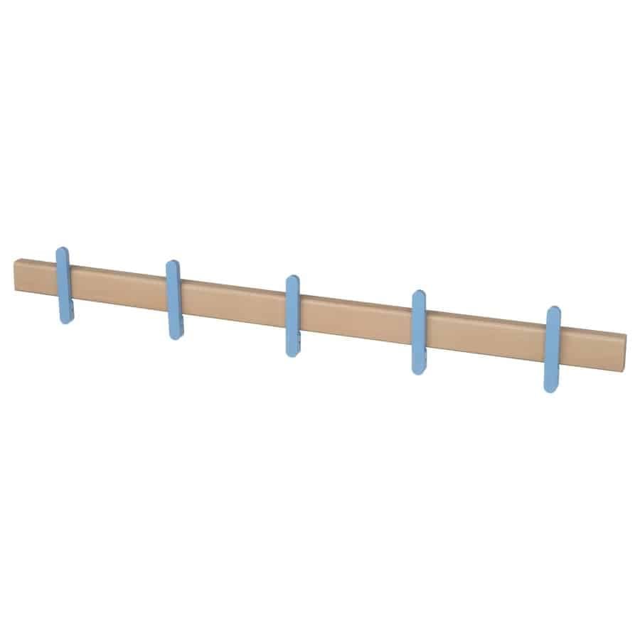 Wooden clothesline rod with five blue clothespins clipped along it.