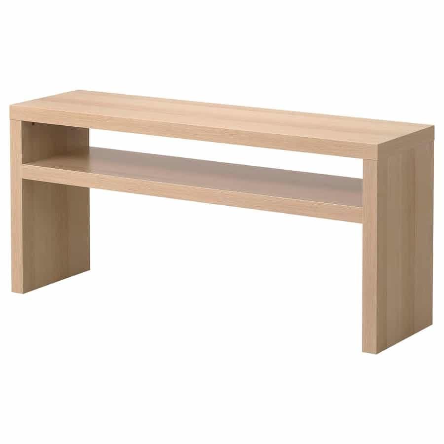 19 - IKEA Hackers Natural wood console table with a lower shelf and two sturdy side legs in an open-frame design.