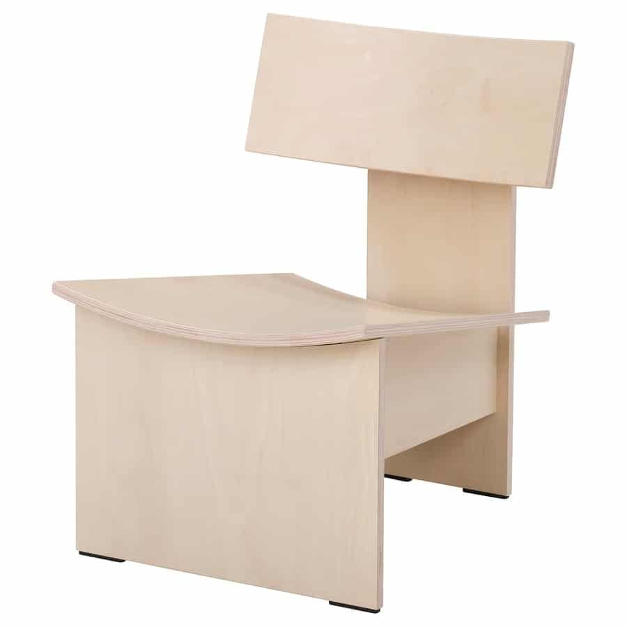 Wooden lectern with a curved front top and a tall back panel on a small podium, light plywood finish.