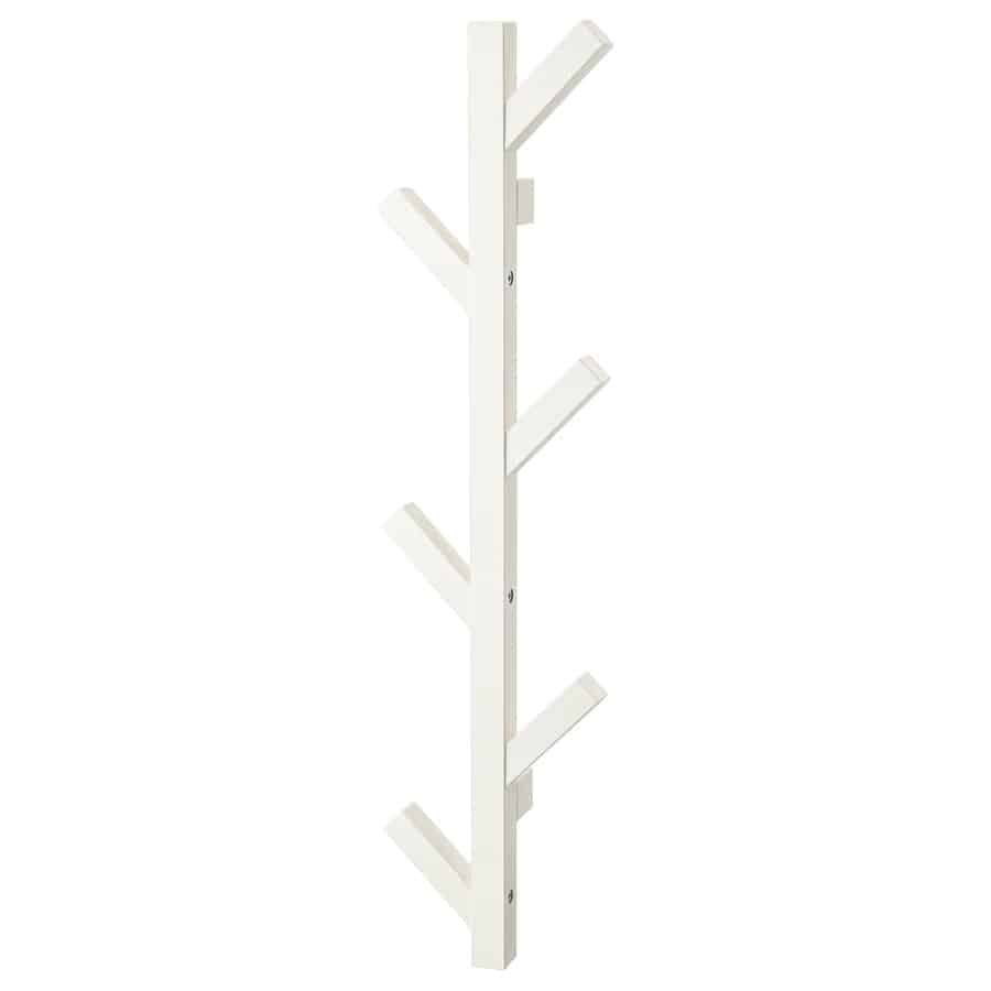 5 - IKEA Hackers White vertical coat rack with six angled pegs for hanging coats and hats.