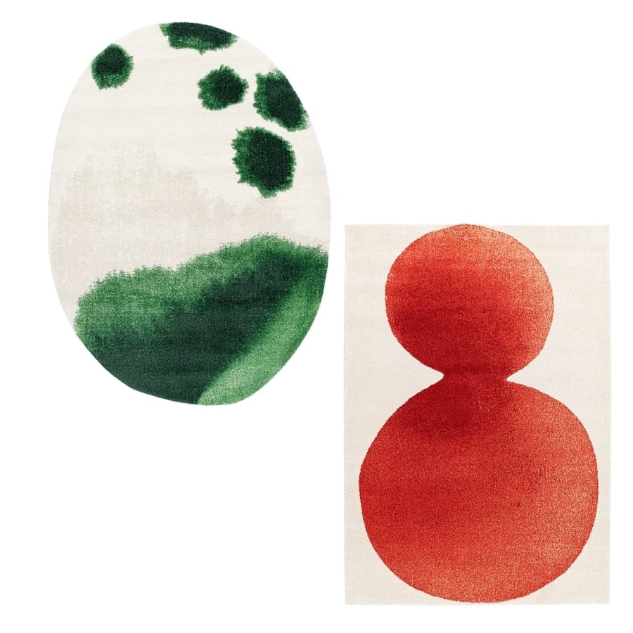 Abstract art: left oval with green brushstrokes and a green arc on a pale background; right rectangle with two red circular shapes on white.