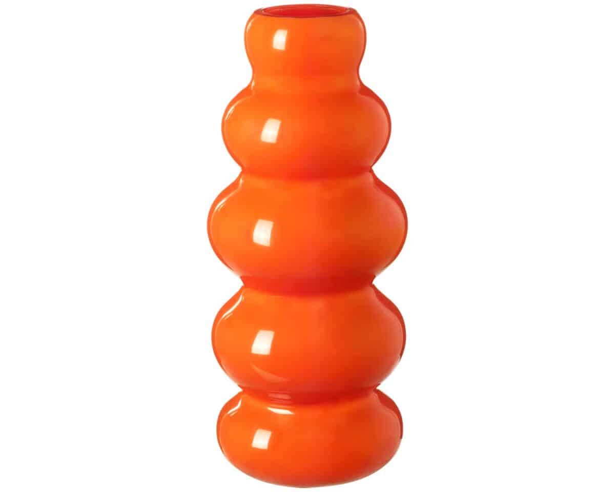 Bright orange stacked rubber chew toy with four bulbous sections stacked vertically.