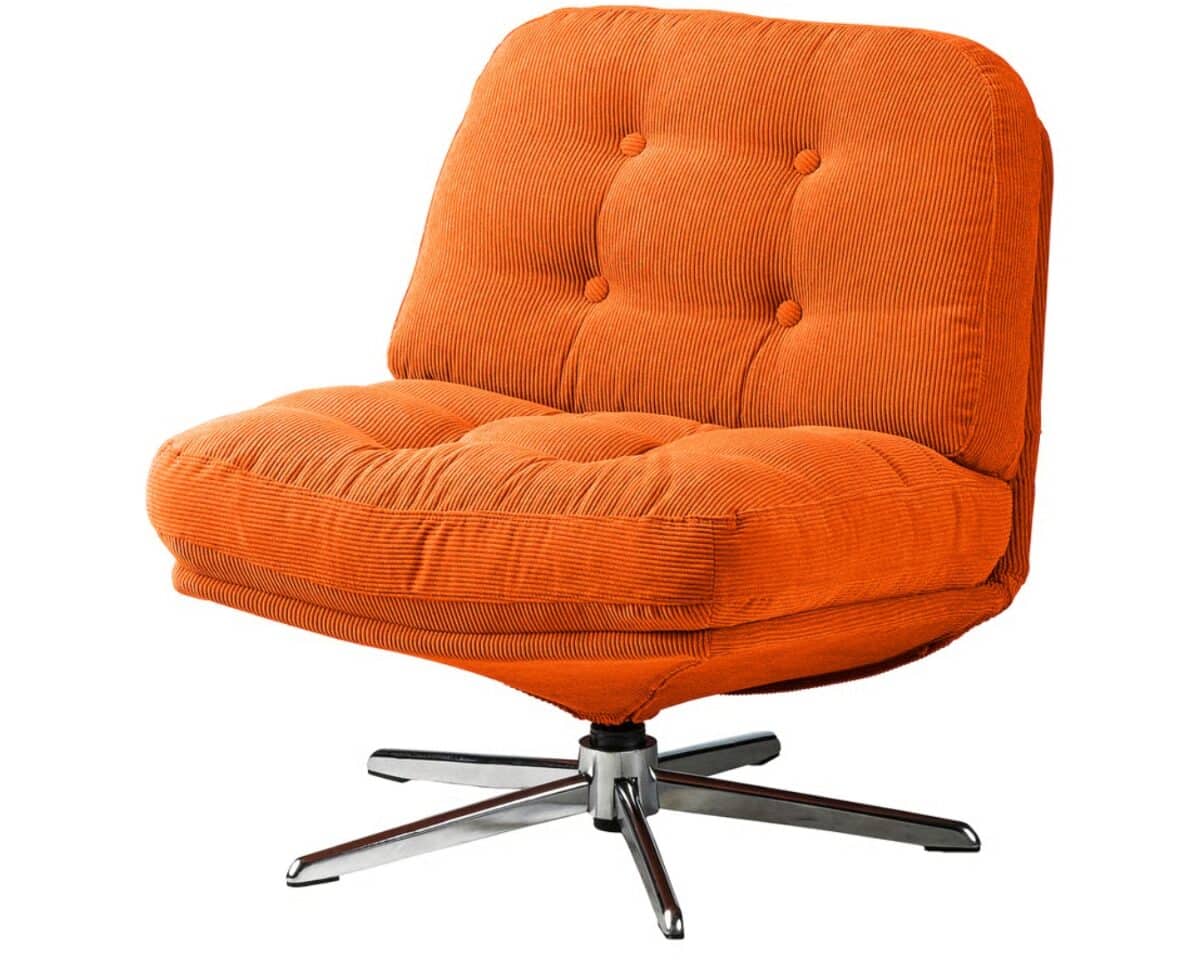 Orange tufted swivel chair with a metal four-star base on white background, showcasing mid-century style upholstery with button detailing.