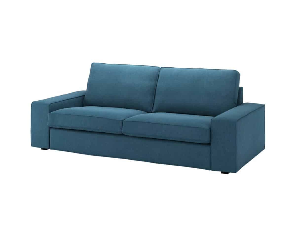 Blue fabric sofa with two back cushions and wide square arms, two-seat design.
