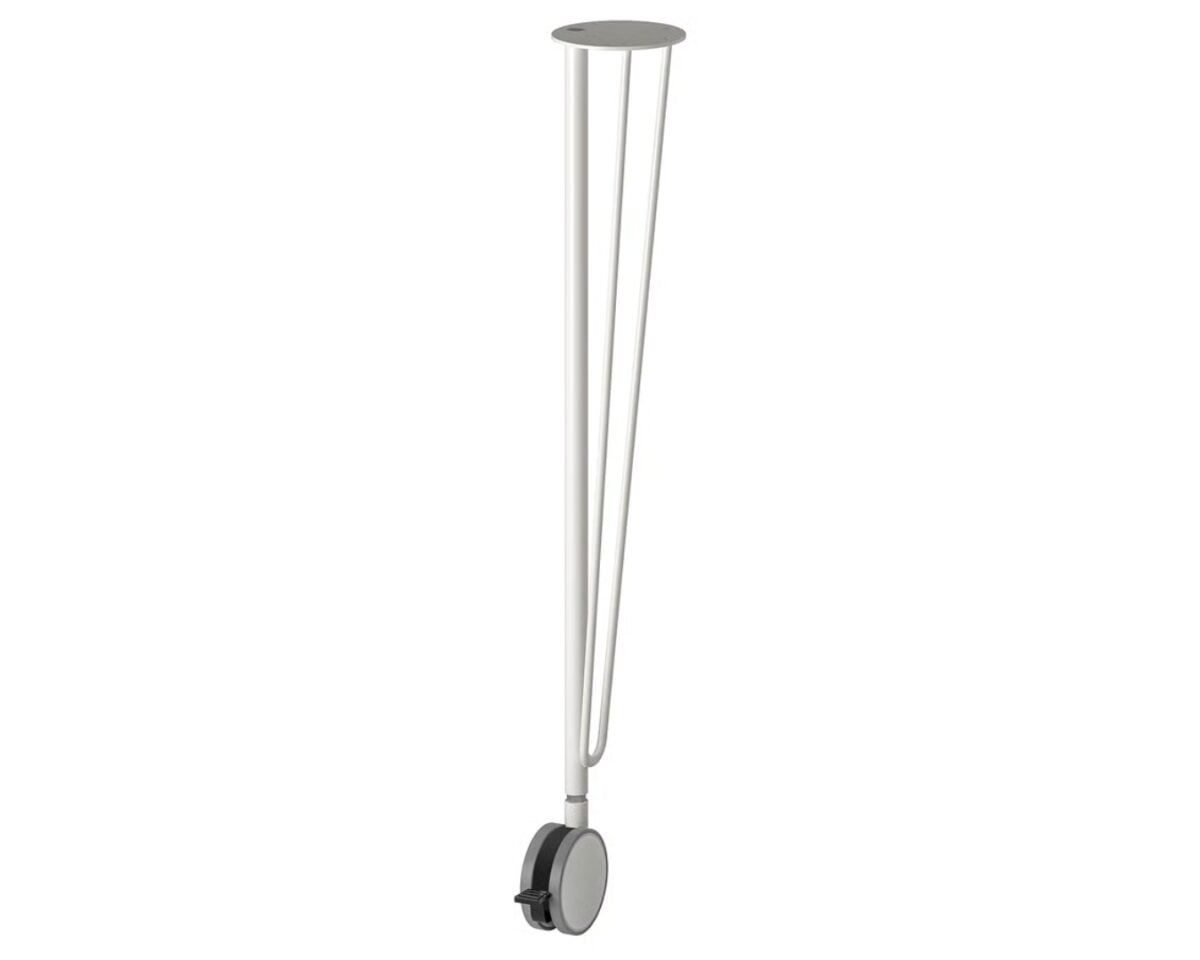 Foldable white crutch/leg support with a small wheel at the bottom, designed for assisted walking