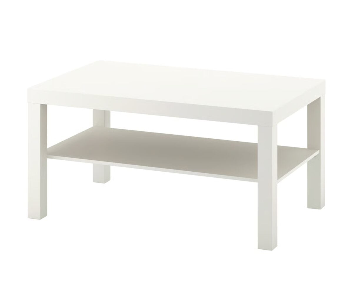 White rectangular coffee table with a lower shelf and straight legs on a white background.