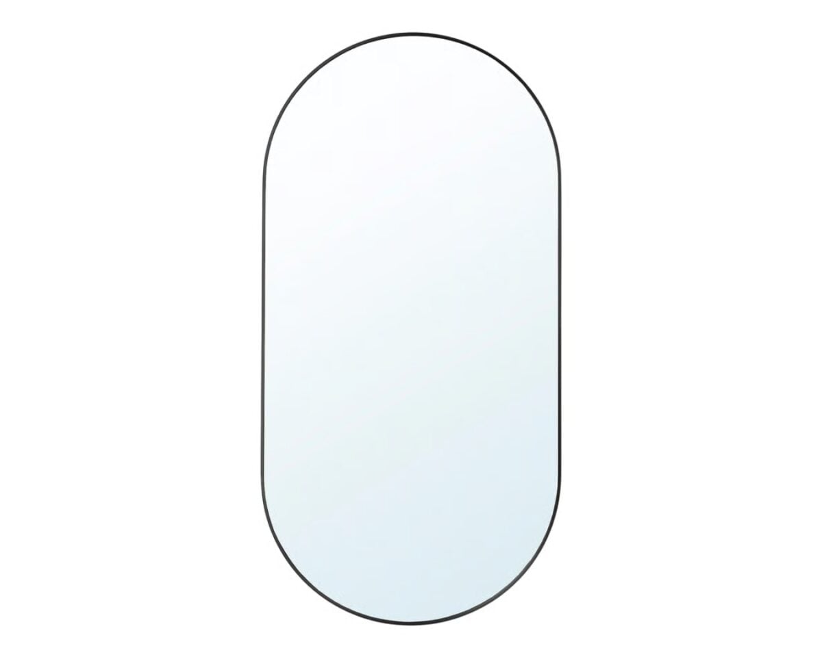 Tall, full-length mirror with rounded top and bottom edges, viewed head-on