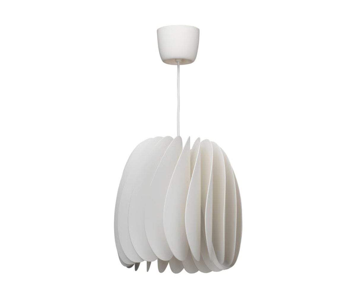 White spiral pendant lamp with stacked curved panels hanging from a ceiling canopy.