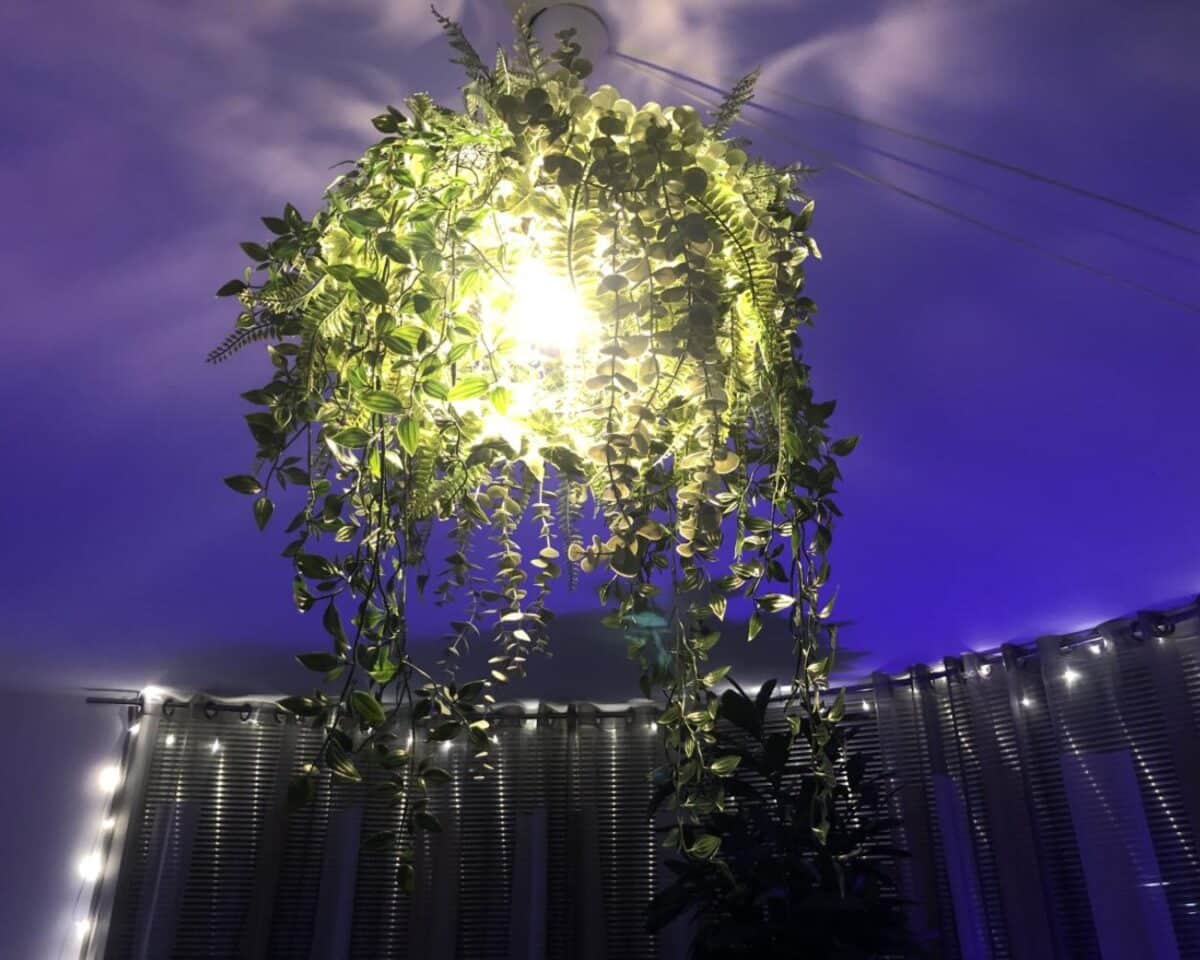 DIY Botanical Lighting Fixture. Hanging greenery with a bright light at its center indoors, surrounded by purple-tinted walls and string lights along blinds in the background.
