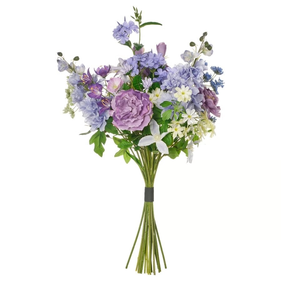 Artificial flower bouquet with lavender, purple, and white blossoms tied with a dark band, set of green stems.