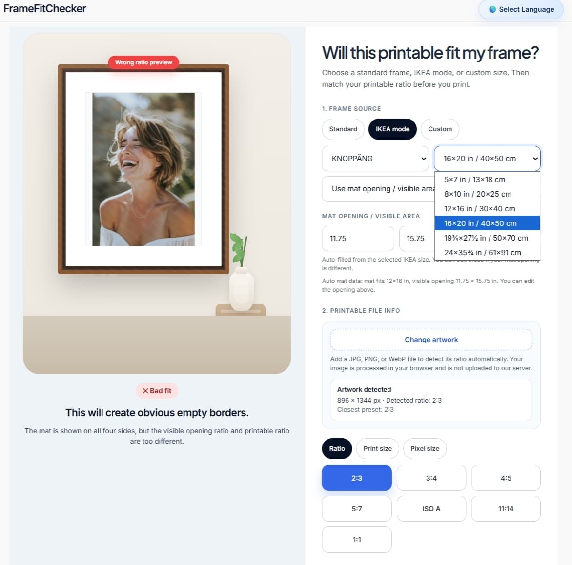 Preview of a frame ratio checker: a photo in a wooden frame with a 'Wrong ratio preview' badge on the left and a settings panel on the right for frame size and options.