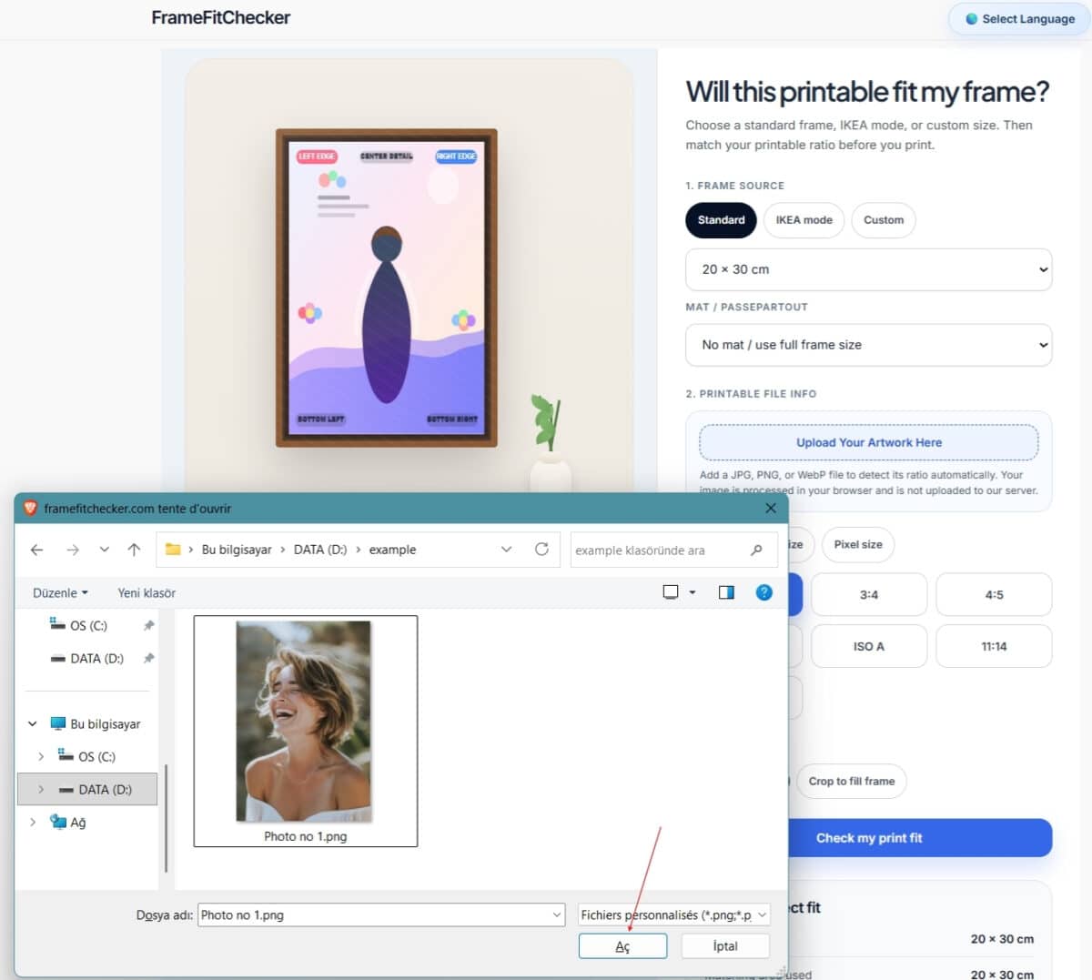 Web tool page showing a framed artwork preview on the left and a'Will this printable fit my frame?' sizing form on the right.