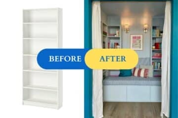 Before DIY - a BILLY bookcase in white. After - a reading nook with BILLY bookcases set on top of storage bench