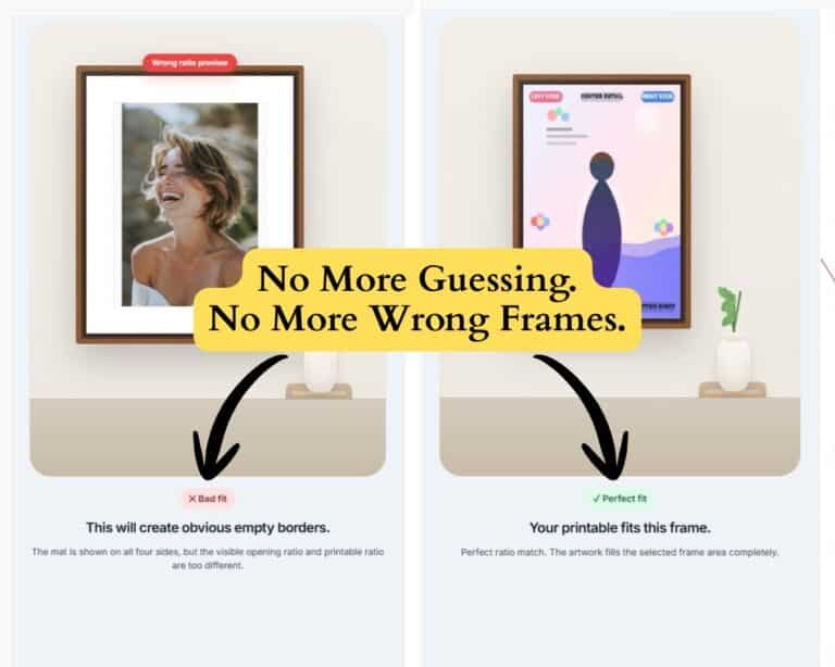 Collage showing two side by side images. First on is a photo frame with a photo with a "bad fit", second is a perfect fit using the frame fit checker tool.