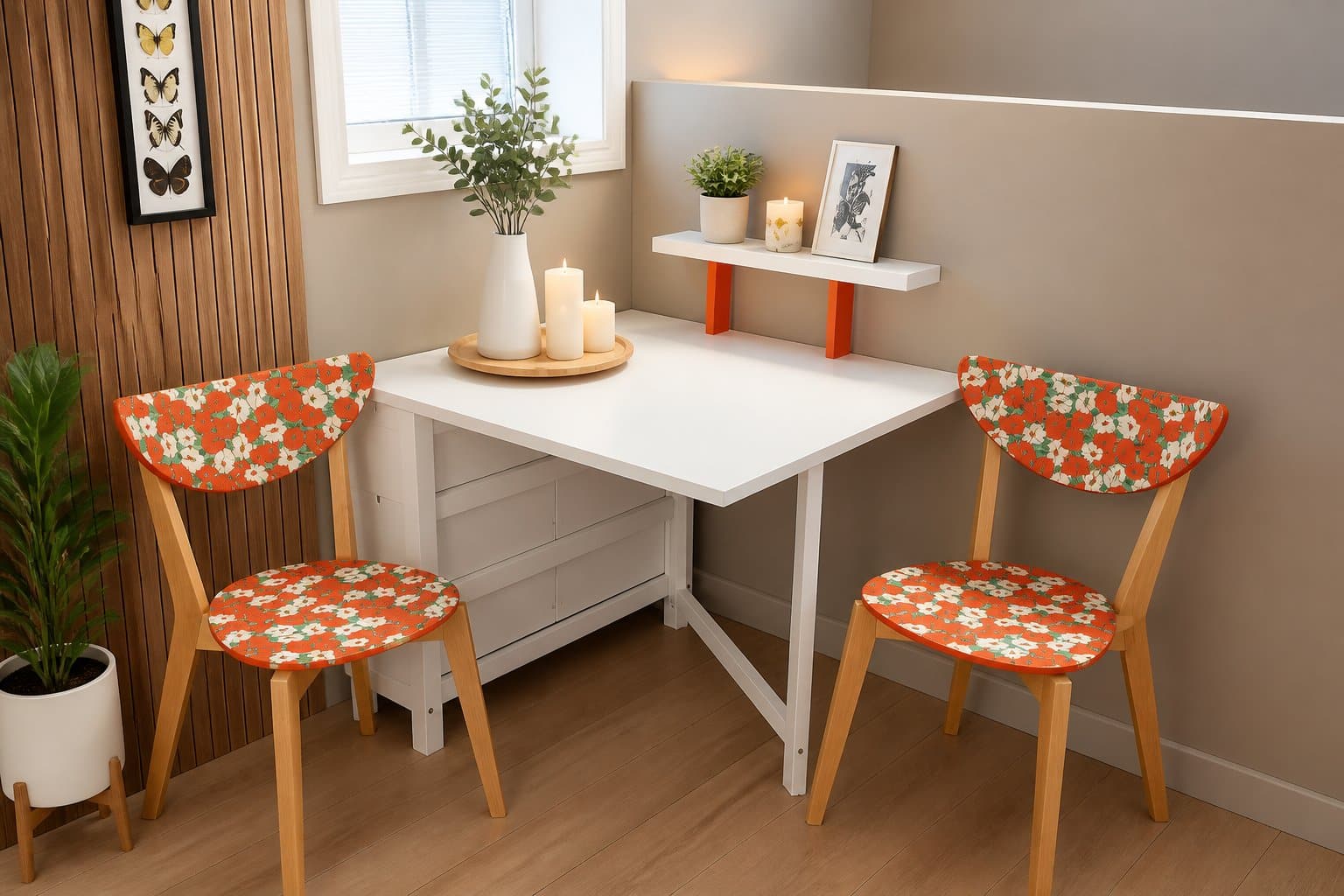 Cozy corner workspace with a white desk, two orange floral chairs, candles on a tray, and a shelf with plants and a framed photo.