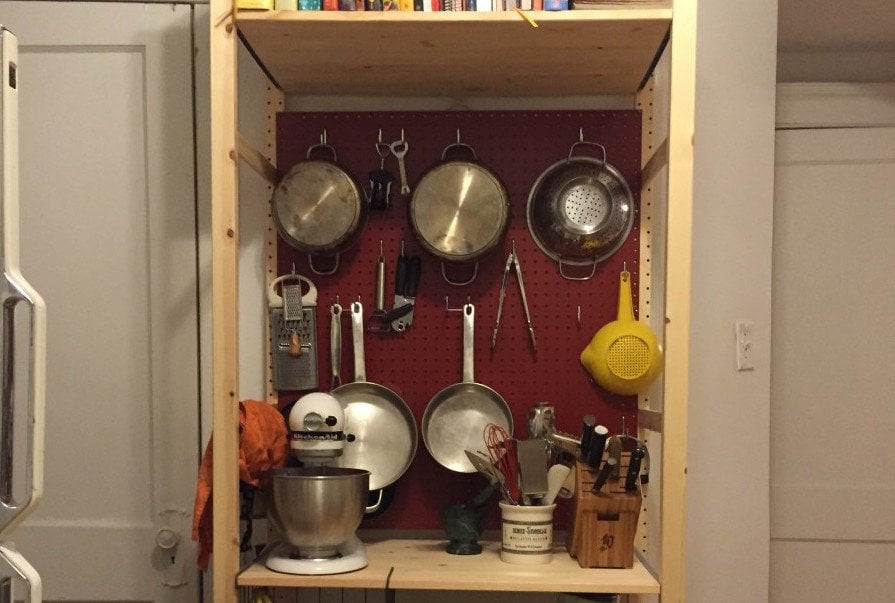 pegboard-ivar - IKEA Hackers ikea pegboard ideas for kitchen. IVAR shelving unit with pegboard backer for hanging pots