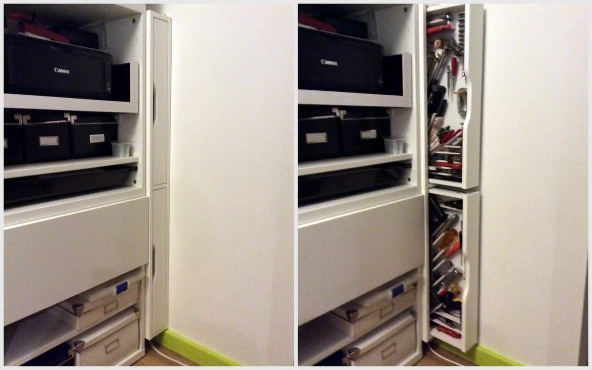 White storage cabinet with a Canon printer on the top shelf and labeled boxes beneath; lower drawers hold supplies.