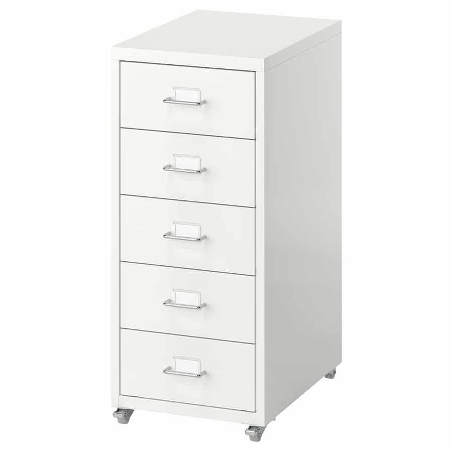 10 - IKEA Hackers HELMER Drawer Unit - White tall metal filing cabinet with six drawers and chrome handles on caster wheels, for office storage.