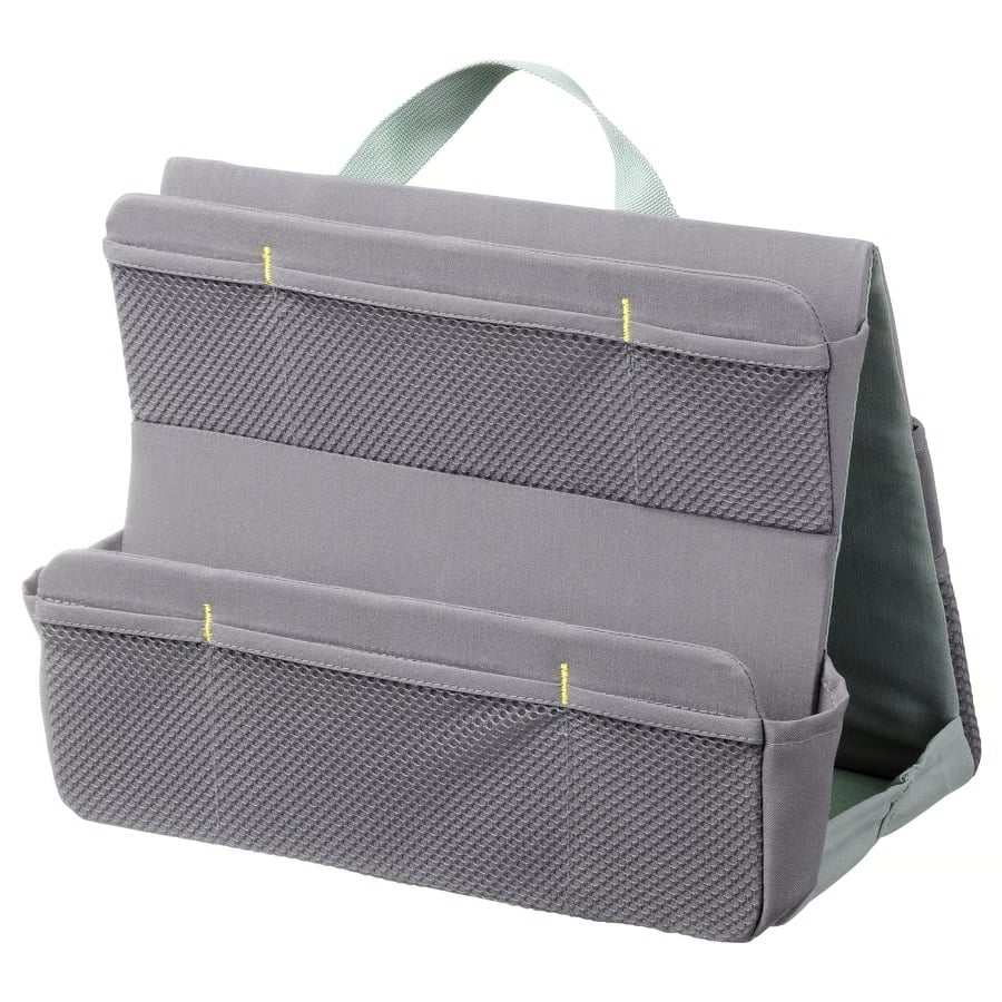 11 - IKEA Hackers ÖVNING Desk Organizer - Grey portable desk organizer with two rows of mesh front pockets and a carrying handle on top