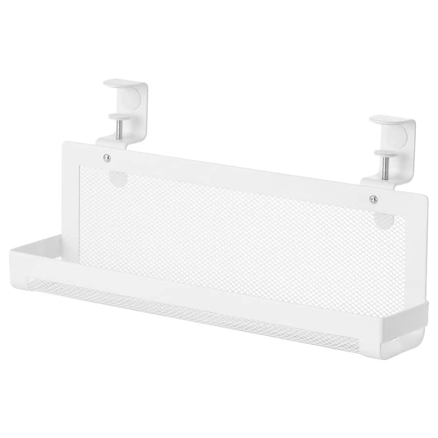14 - IKEA Hackers FÖRSÄSONG Cable Management Tray - White wall-mounted metal mesh storage rack with two adjustable clamp brackets for mounting on a wall or cabinet edge.