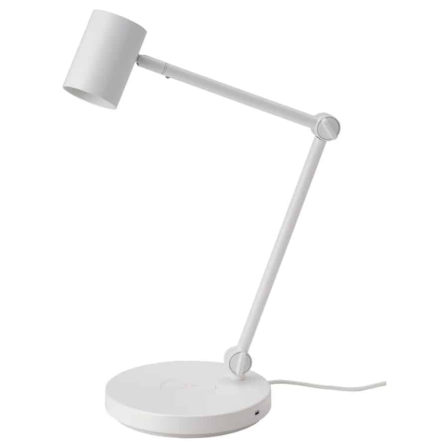 16 - IKEA Hackers NYMÅNE Work Lamp - White adjustable desk lamp with a round base and pivoting arm in a minimalist design.