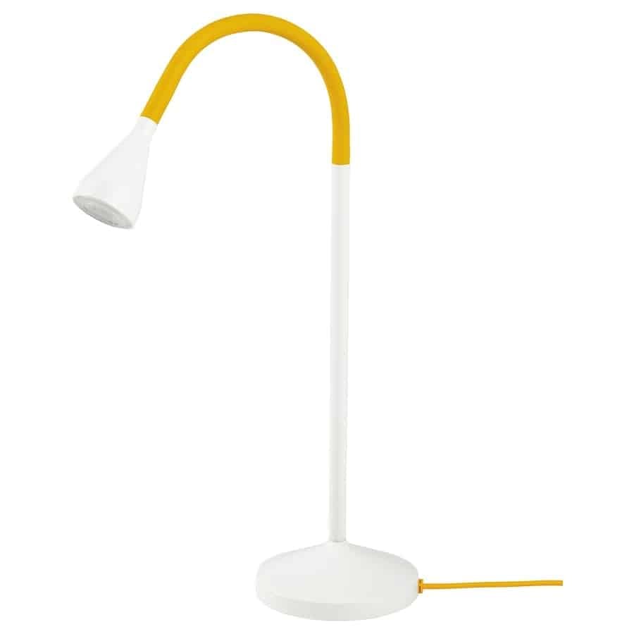 17 - IKEA Hackers NÄVLINGE LED Desk Lamp - White and yellow adjustable desk lamp with a curved yellow arm and conical shade on a white base.