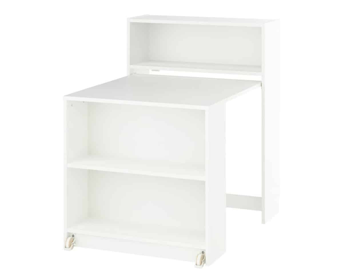 3 - IKEA Hackers BILLY Bookcase With Folding Table - White modular desk with an upper storage shelf, two lower open shelves, and small casters on the bottom front edge