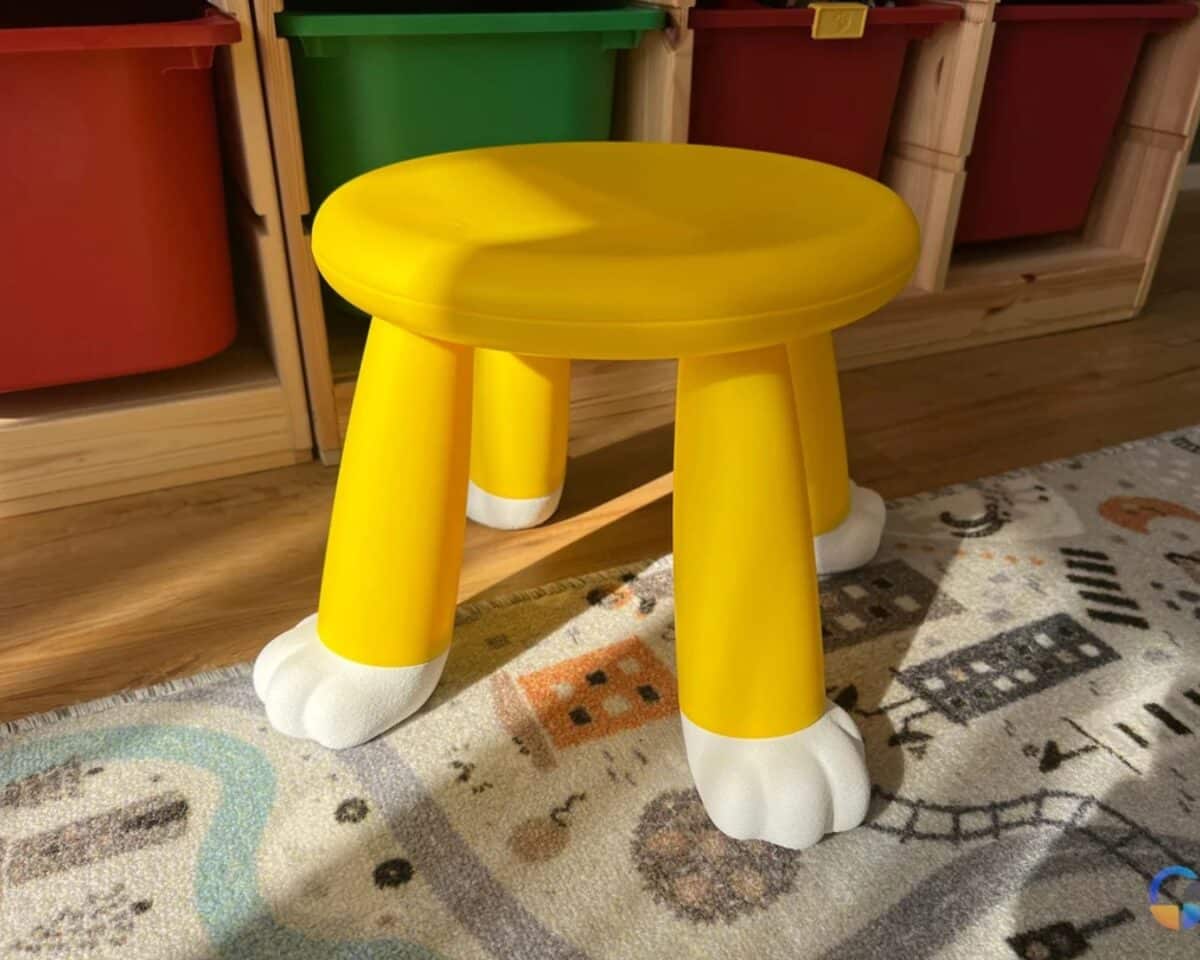 Bright yellow IKEA MAMMUT children's stool with four legs ending in white paw-shaped feet, on a patterned rug in a playroom with colorful storage bins in the background.