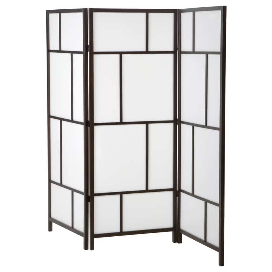 8 - IKEA Hackers IKEA RISÖR Room Divider - Three-panel folding room divider with frosted white panels and dark wood frame, decorative and functional for separating spaces.