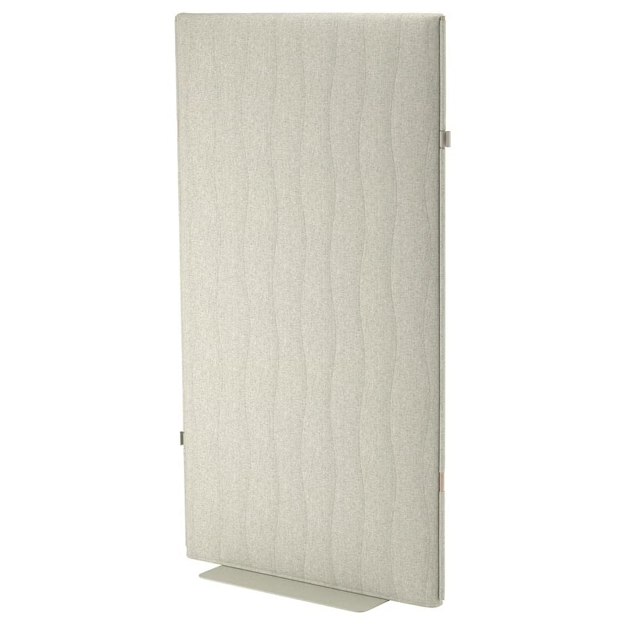 9 - IKEA Hackers MITTZON Acoustic Screen - Beige fabric-covered room divider panel with subtle vertical wave stitching and a flat base stand