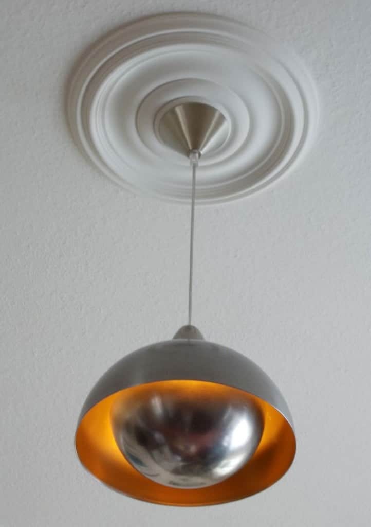 DSCN1280-722x1024 - IKEA Hackers Pendant light with a gray dome shade and orange interior hanging from a white ceiling medallion.