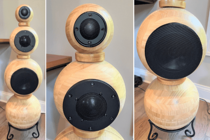 spherical-ball-speaker-diy-720x480 - IKEA Hackers Handmade wooden stacked-sphere speaker with multiple black drivers on a wrought-iron stand.
