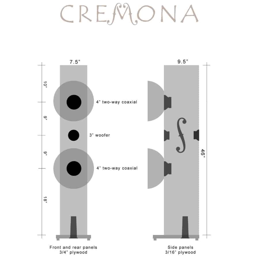 38 - IKEA Hackers Cremona speaker cabinet diagram showing front and side views, with two 4-inch coaxial drivers, a 3-inch woofer, and plywood dimensions.