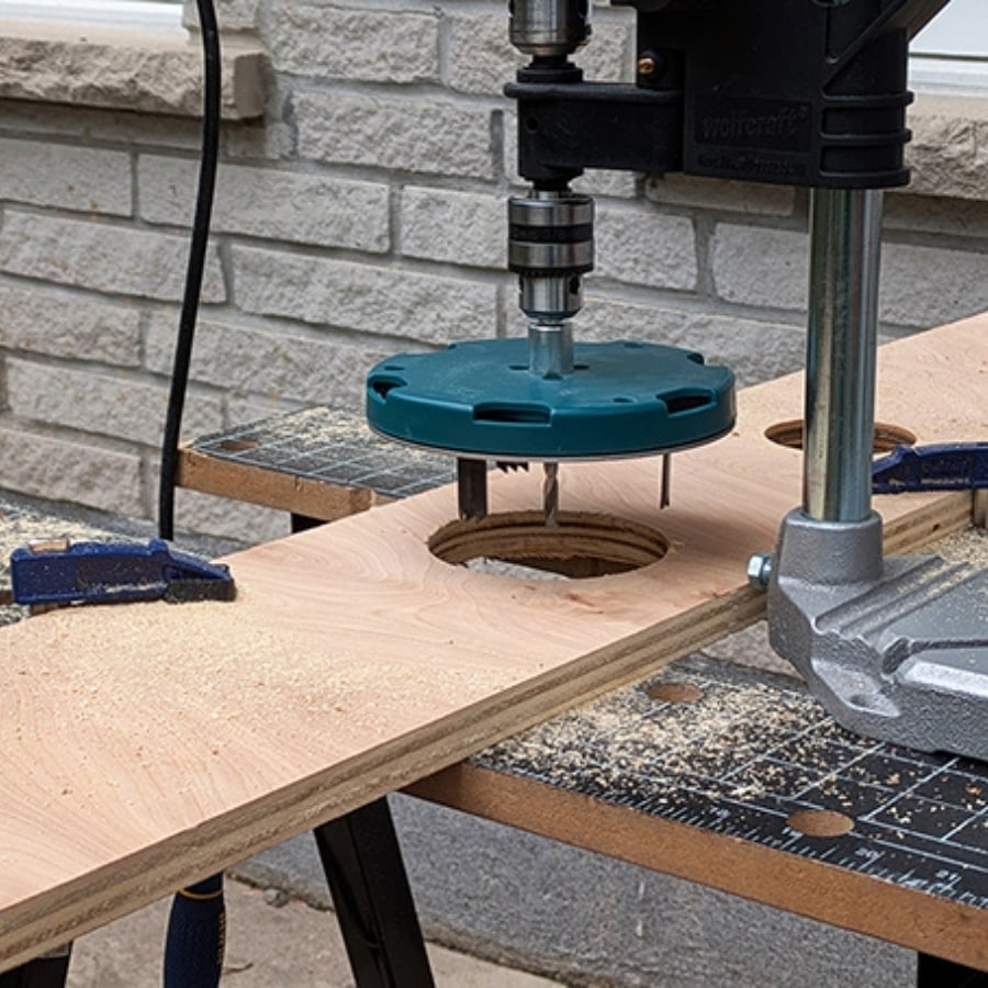 47 - IKEA Hackers Router cutting a circular hole in a plywood board on a workbench with clamps nearby.
