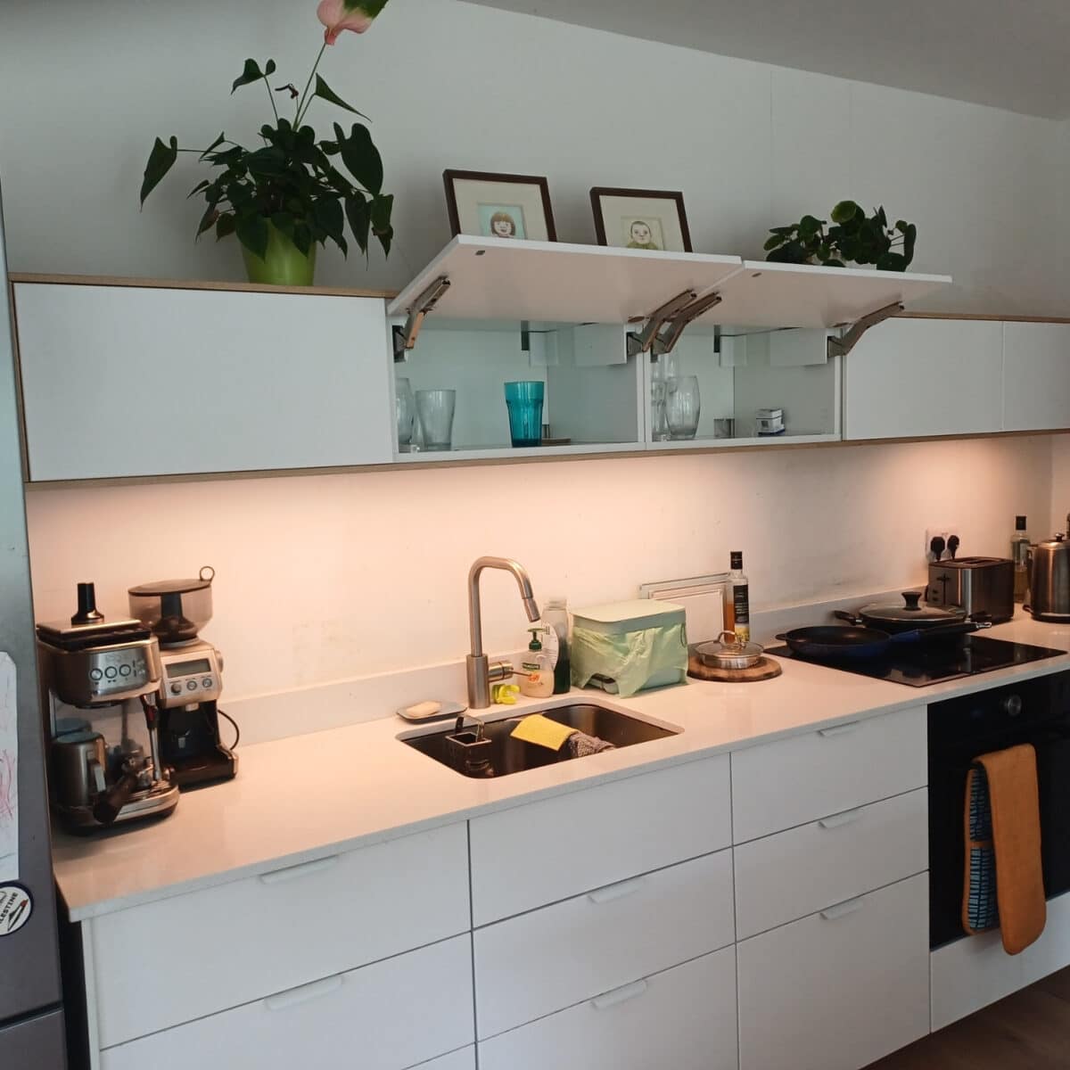 72 - IKEA Hackers Bright white kitchen with a double sink and a tidy countertop, white cabinets, and open wall shelves displaying glasses and framed photos; plants atop the shelves.