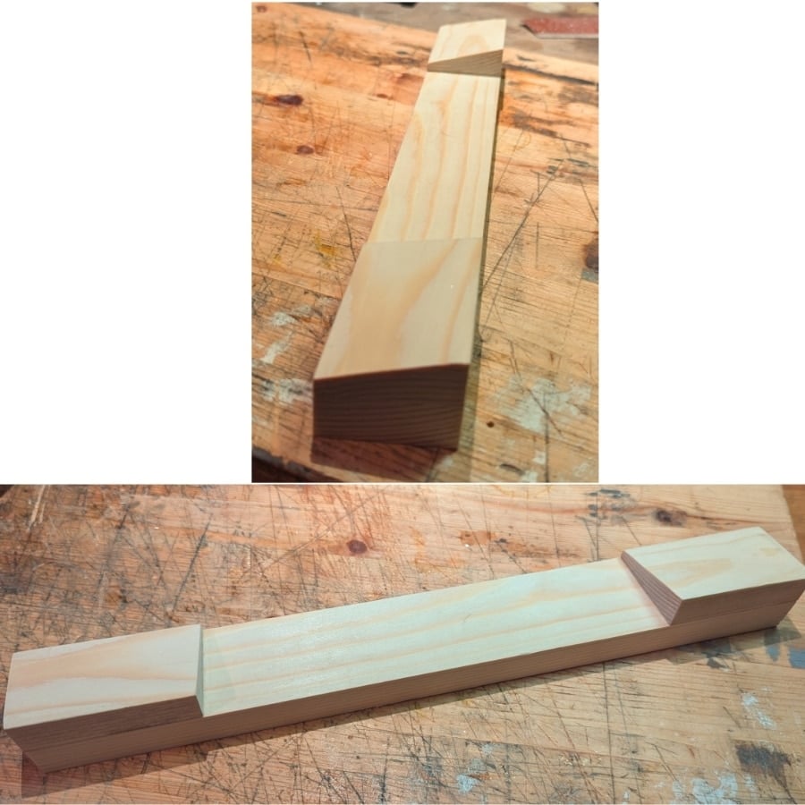 IKEA Blog pics - IKEA Hackers Long rectangular pine block with angled wedge ends resting on a scratched woodworking bench.
