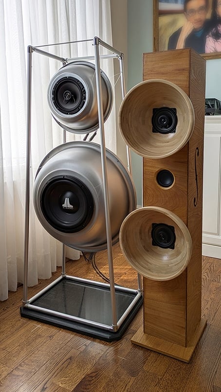 blanda blank speakers - IKEA Hackers Floor-standing speaker system with multiple wood horn enclosures and a metal frame on a hardwood floor near a window. IKEA blanda bowl hack.